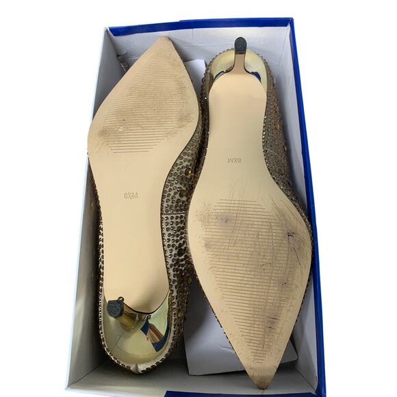Justvindo Womens Size 8.5 Gold Satin Rhinestone 2.5" Heel Closed Point Toe Shoes - Picture 7 of 7
